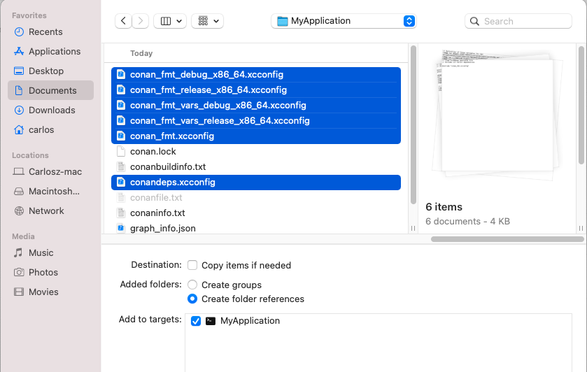 Select xcconfig files to add