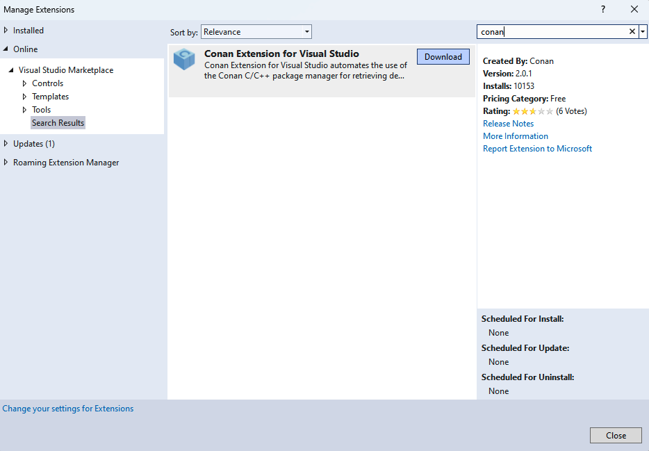 Install Conan Visual Studio extension